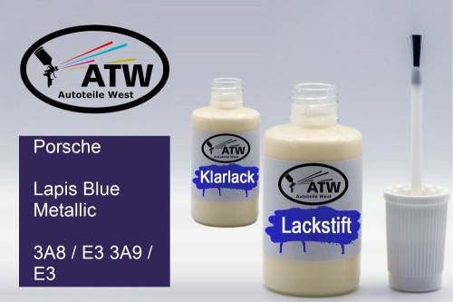 Porsche, Lapis Blue Metallic, 3A8 / E3 3A9 / E3: 20ml Lackstift + 20ml Klarlack - Set, von ATW Autoteile West.